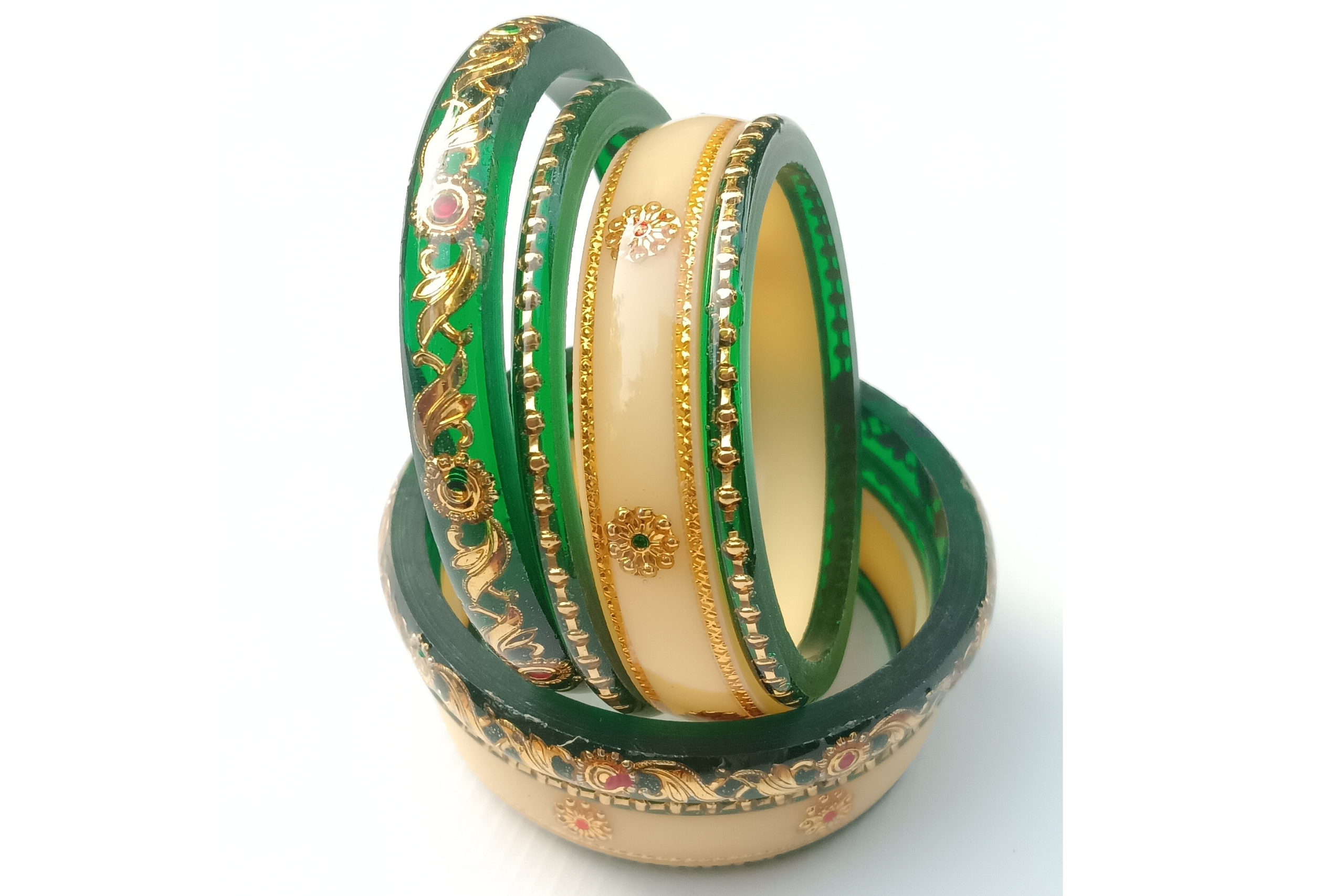 Green & Cream Acrylic Bangles Set with Golden Floral Design