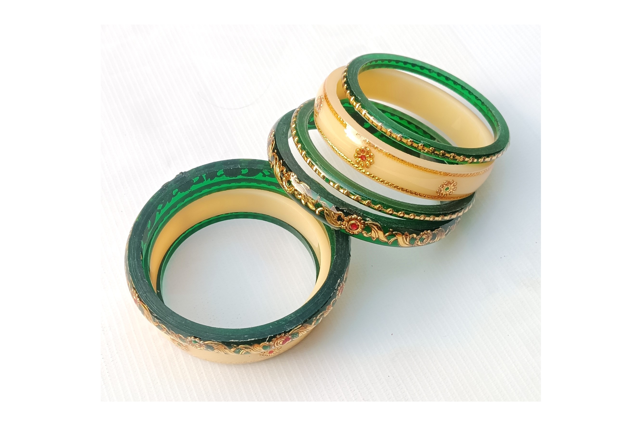Green & Cream Acrylic Bangles Set with Golden Floral Design - Image 3