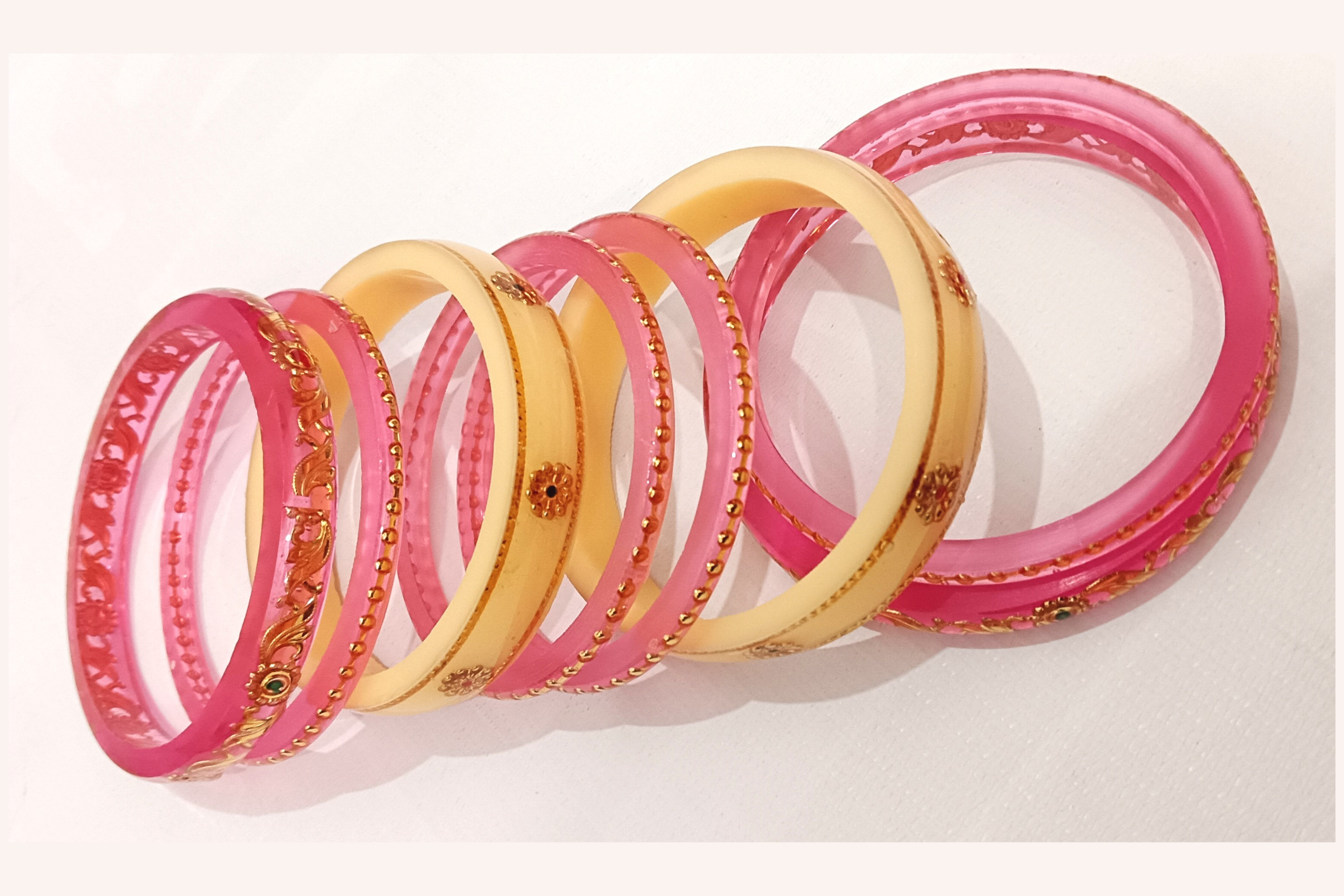 Light Pink Acrylic Golden Floral Bangles Set with Stone Work - Image 2