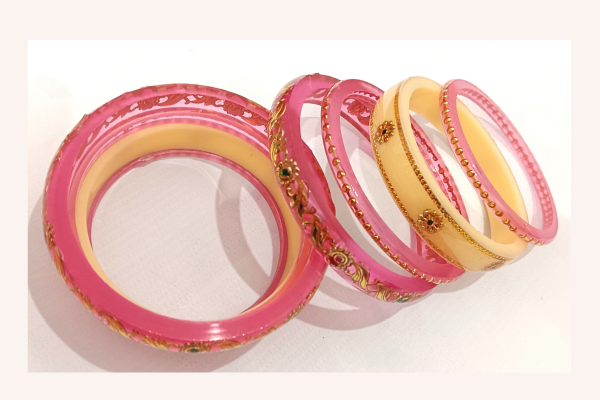 Light Pink Acrylic Golden Floral Bangles Set with Stone Work - Image 3