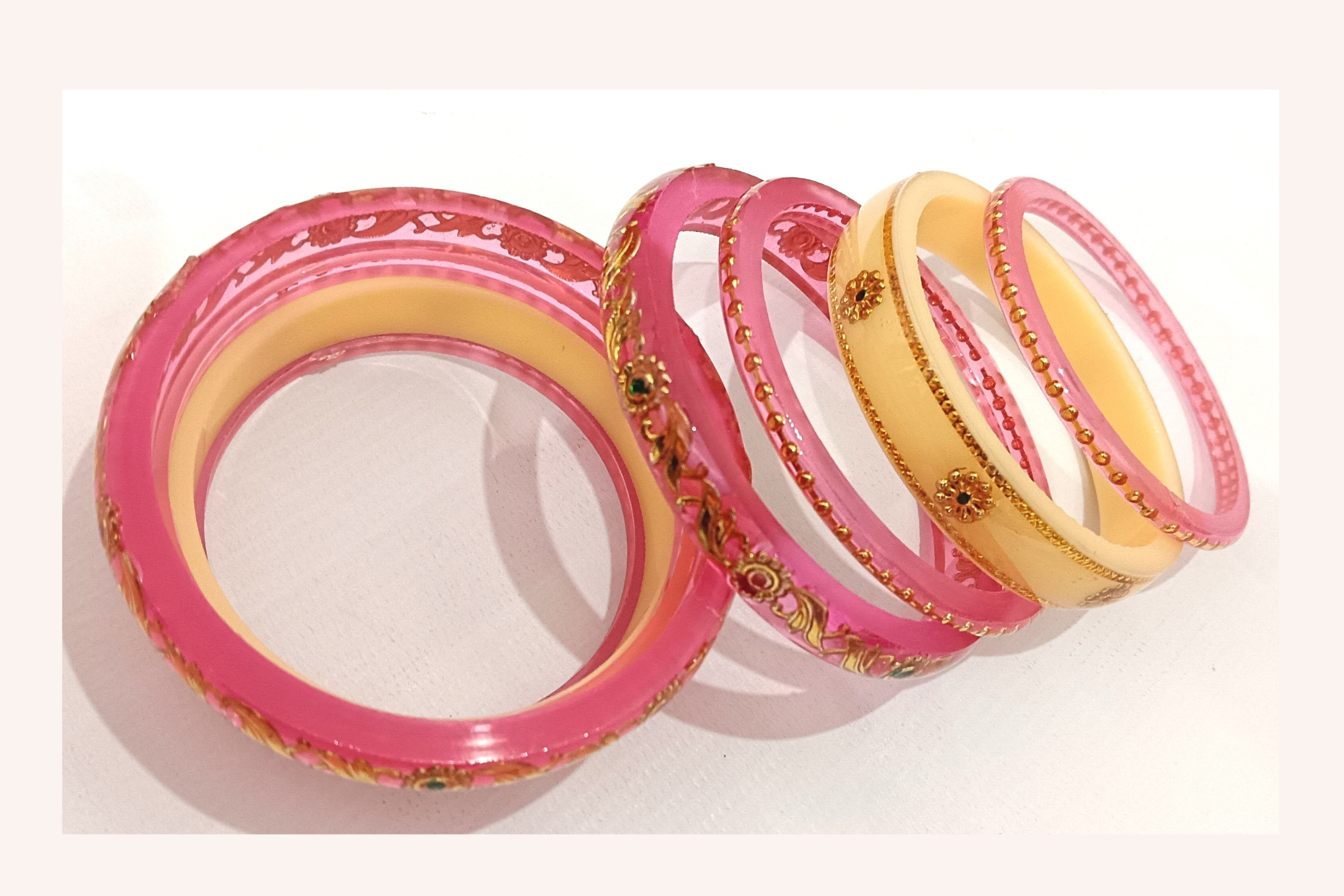 Light Pink Acrylic Golden Floral Bangles Set with Stone Work - Image 3