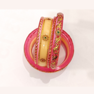 Light Pink Acrylic Golden Floral Bangles Set with Stone Work
