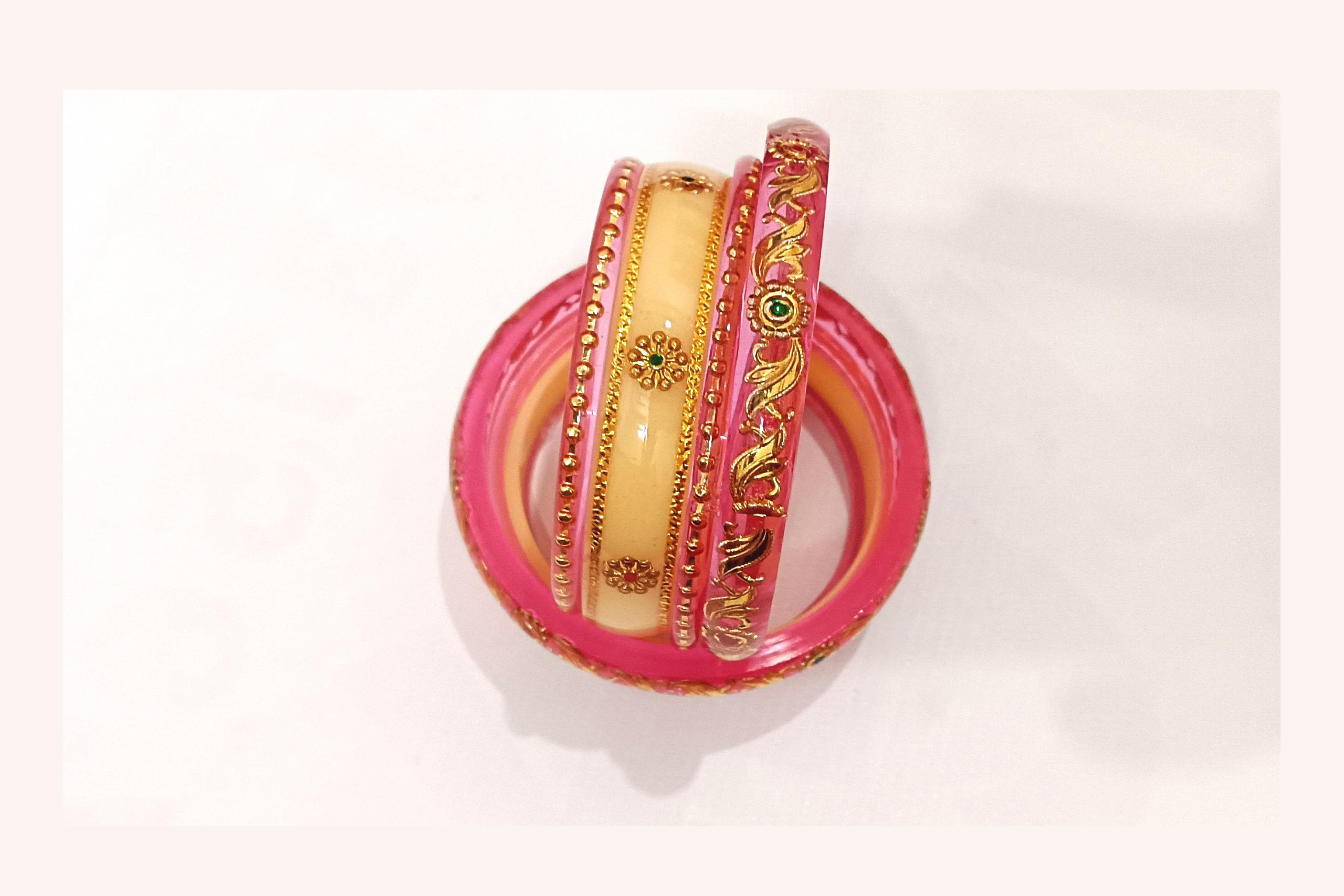 Light Pink Acrylic Golden Floral Bangles Set with Stone Work