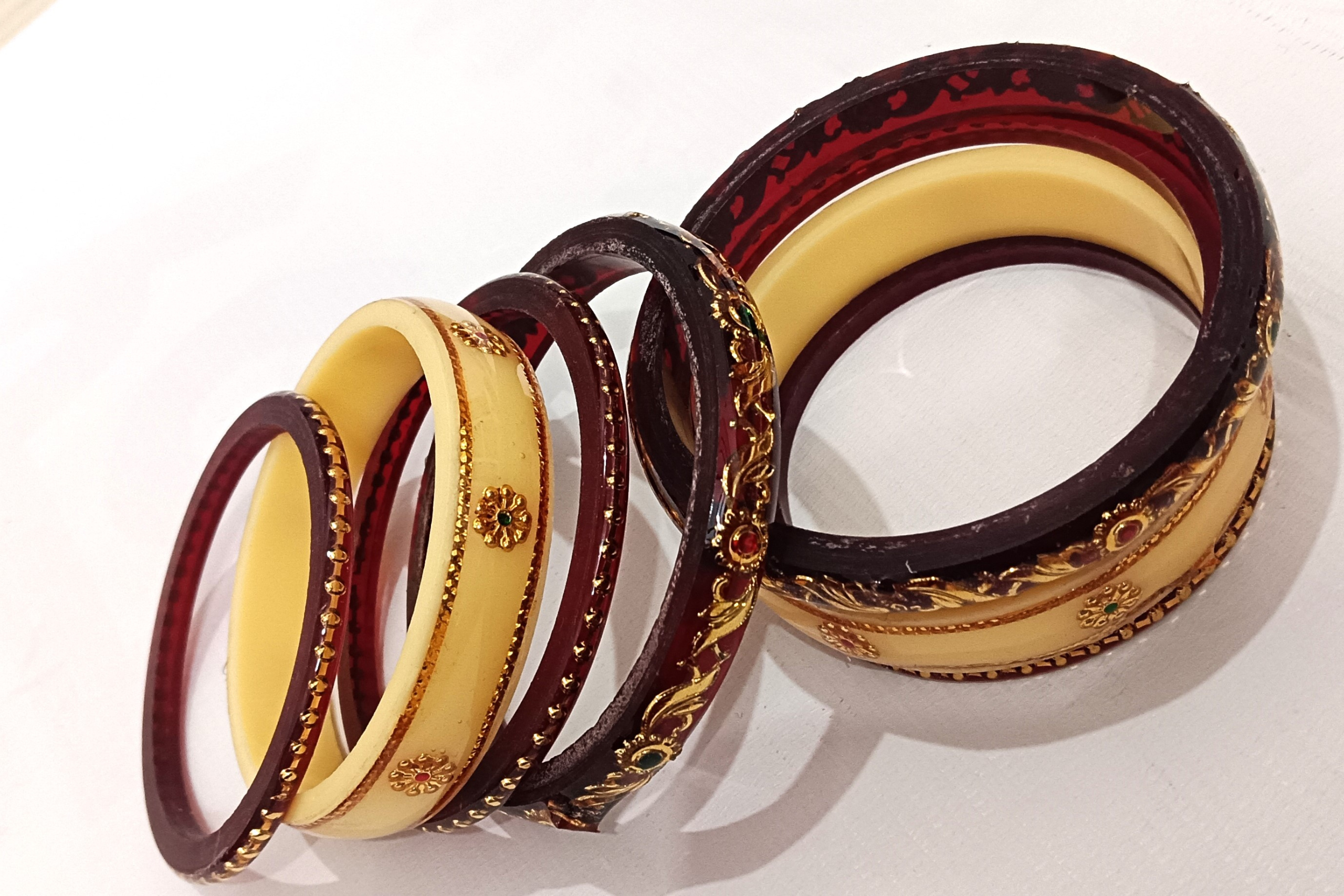 Maroon Acrylic Designer Bangles Set with Golden Floral Design & Stones - Image 2