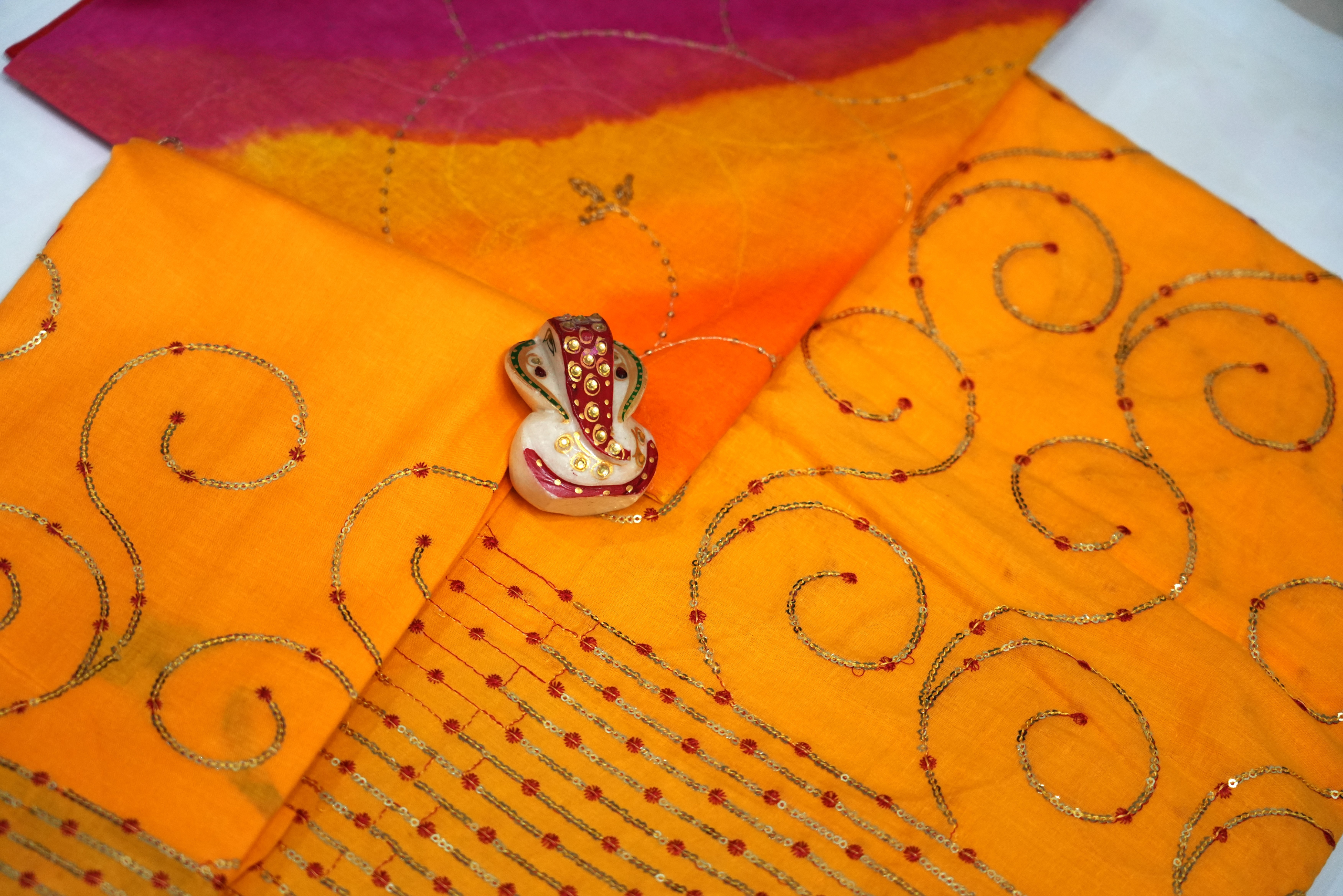 Yellow Pink Cotton Sequence Jaal Rajputi poshaak - Image 2