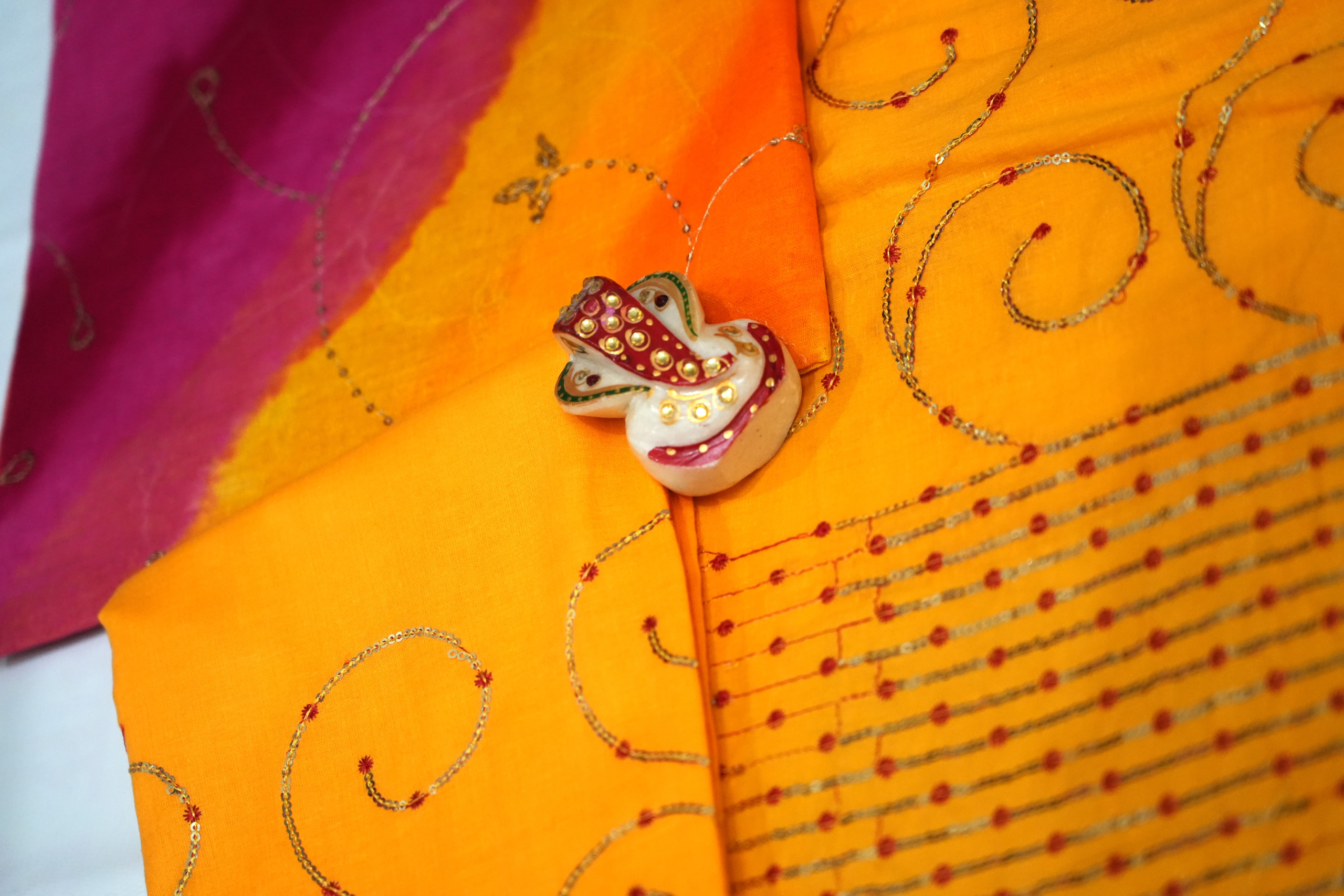 Yellow Pink Cotton Sequence Jaal Rajputi poshaak