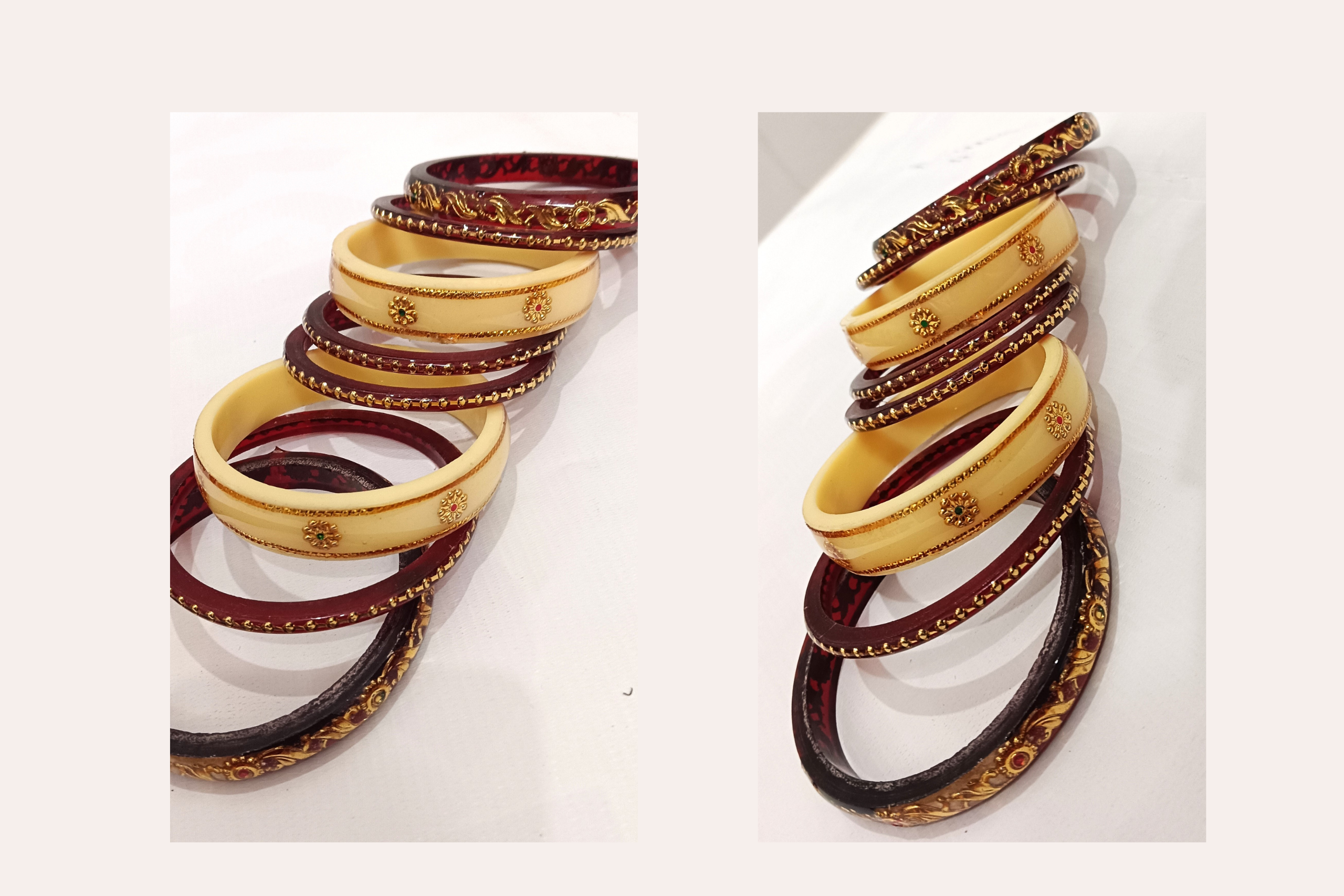 Maroon Acrylic Designer Bangles Set with Golden Floral Design & Stones - Image 3