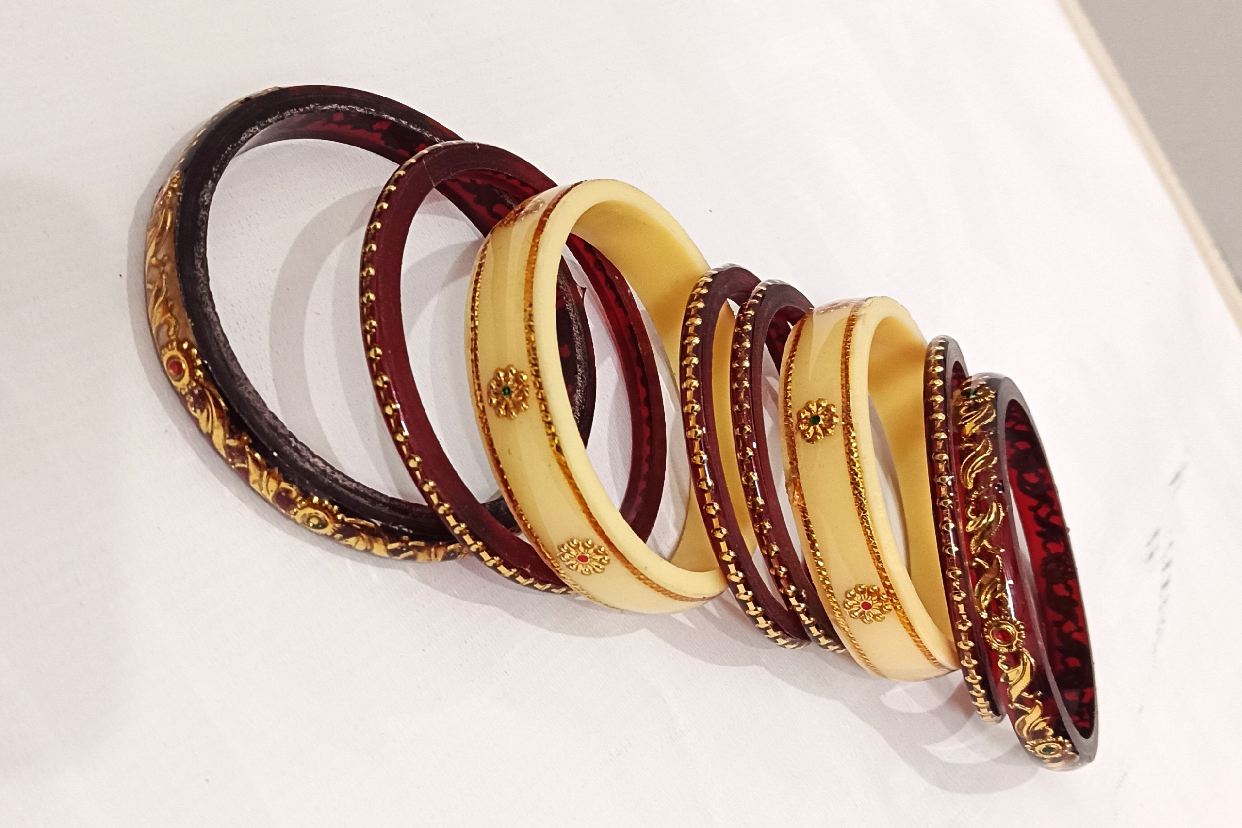 Maroon Acrylic Designer Bangles Set with Golden Floral Design & Stones - Image 4