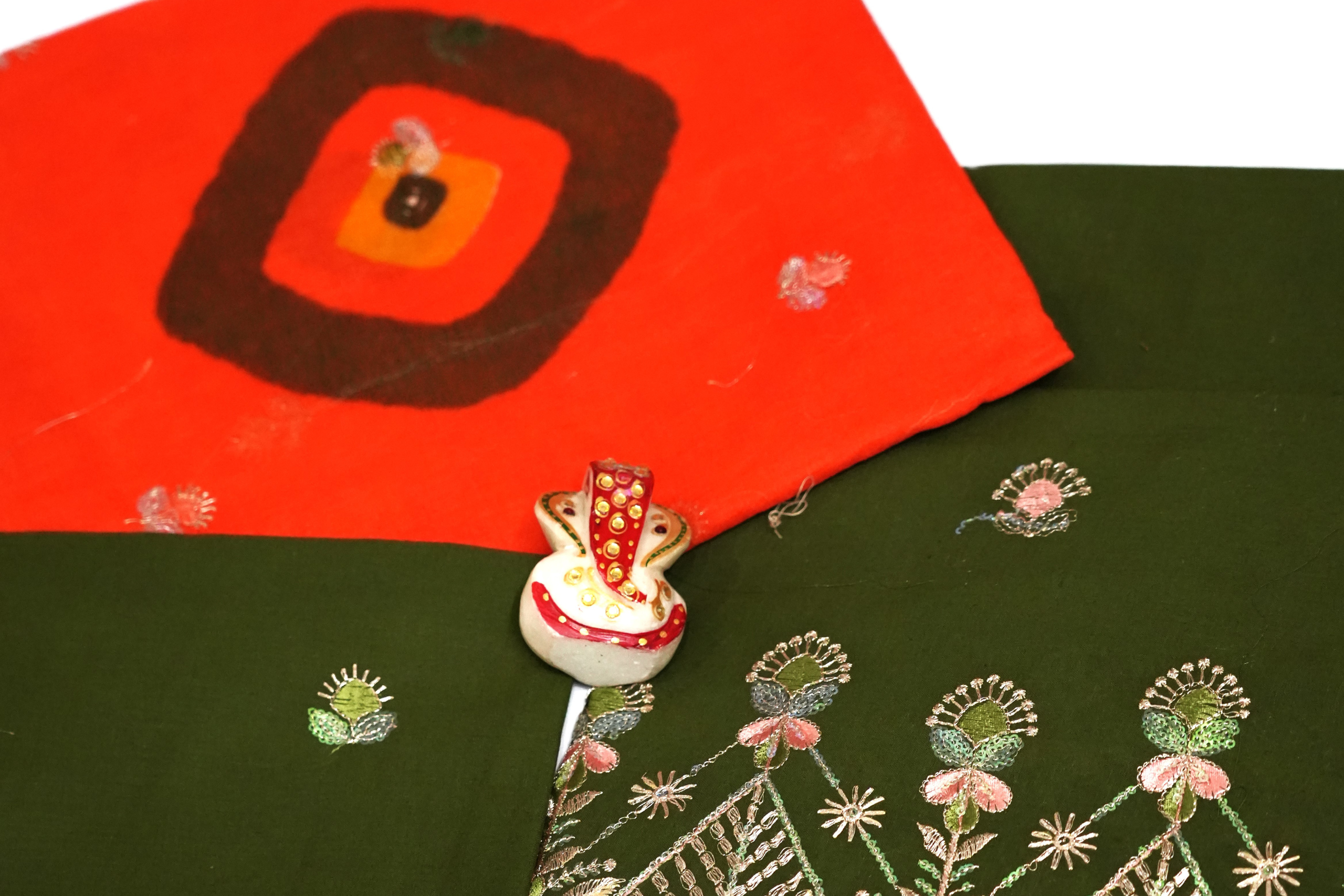 Green Velvet Poshak with Dark Pink Odhani (Multi Full Border)