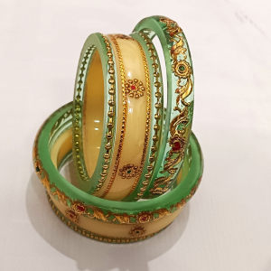 Light Green Acrylic Golden Floral Bangles Set with Stone Work