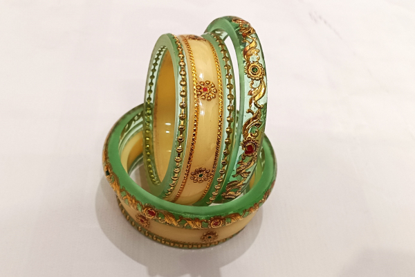Light Green Acrylic Golden Floral Bangles Set with Stone Work