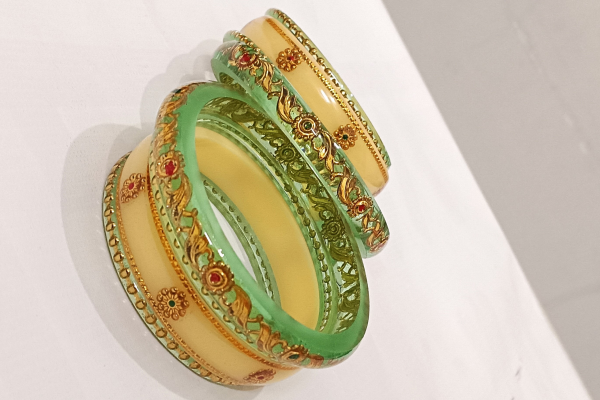 Light Green Acrylic Golden Floral Bangles Set with Stone Work - Image 2