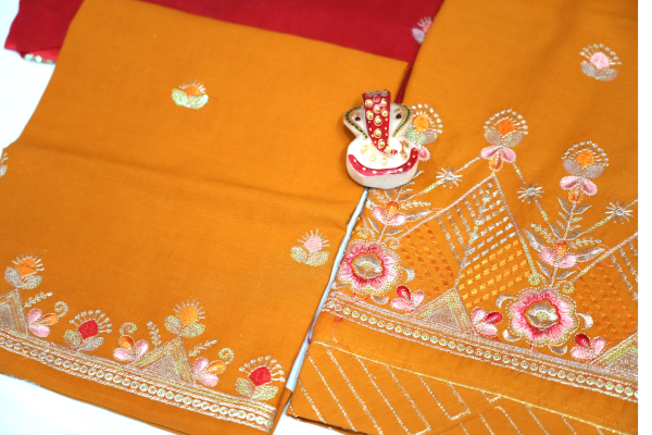 Normal Golden Poshak with Red Odhani (Multi Full Border)
