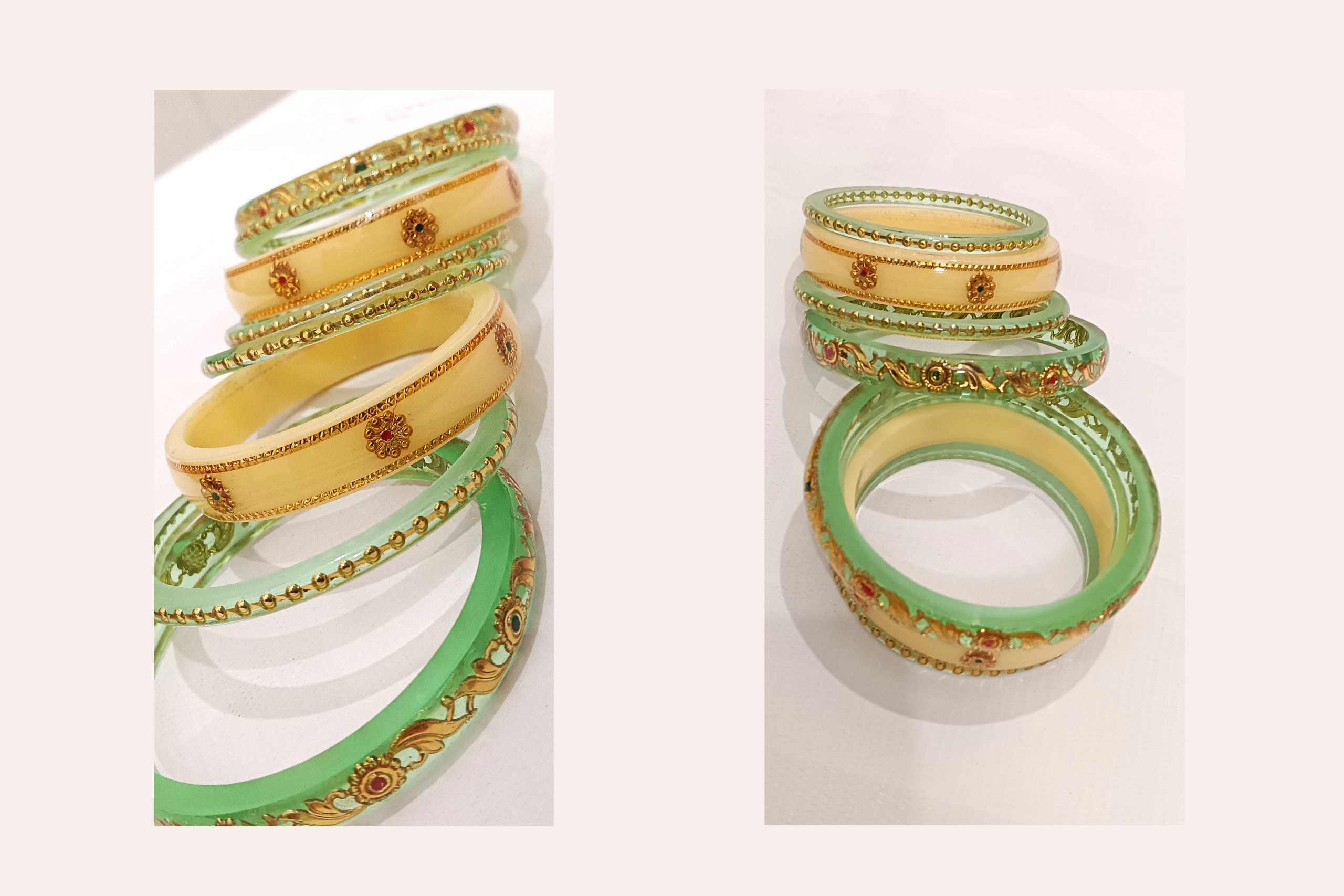 Light Green Acrylic Golden Floral Bangles Set with Stone Work - Image 3