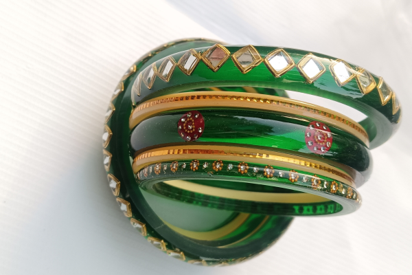 Green Acrylic Bangles with Stone Work