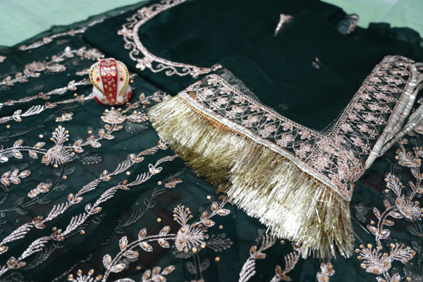 Dark Green poshak with Odhna Zari Work (Chapat) - Image 2
