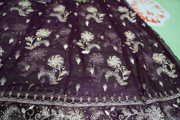 Wine Colour Poshak with Odhna Zari Work (Chapat). - Image 4