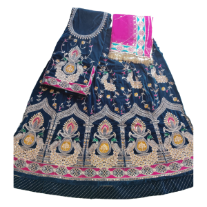 Royal blue velvet peacock poshak with Orange Humrahi Odhna in havey Zari Work.