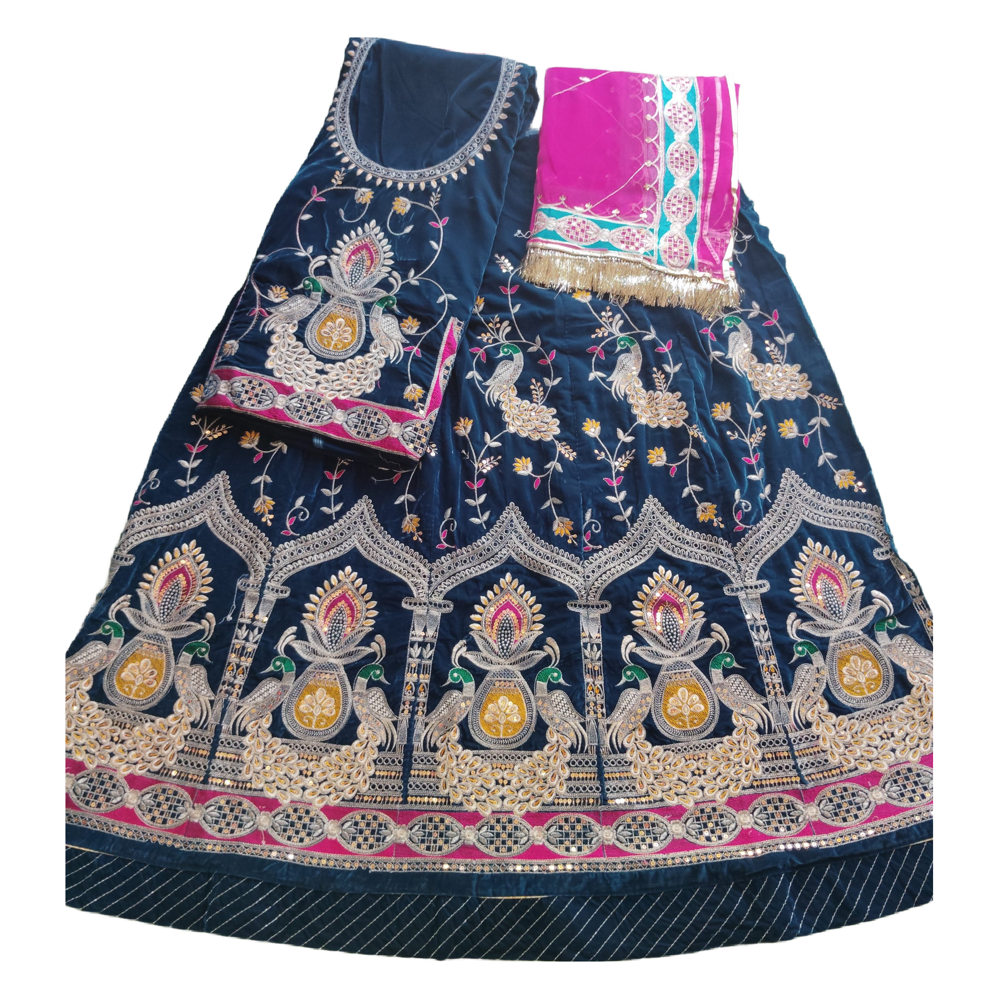 Royal blue velvet peacock poshak with Orange Humrahi Odhna in havey Zari Work.