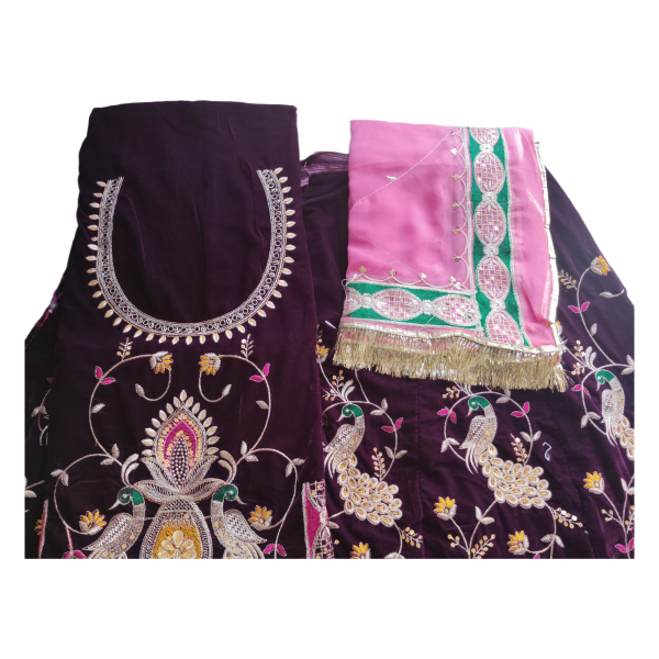 Royal wine colour velvet peacock poshak with Orange Humrahi Odhna in havey Zari Work. - Image 4