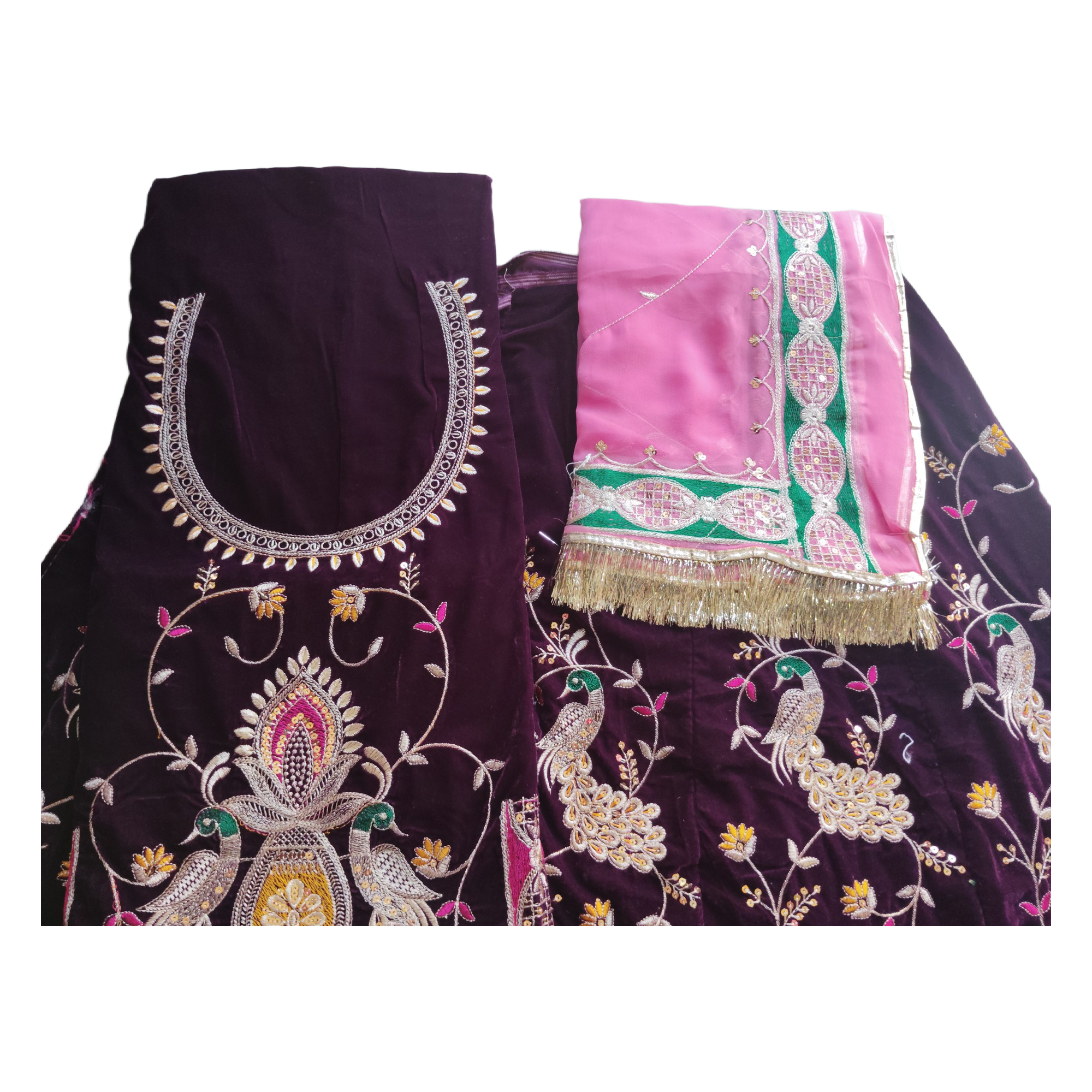 Royal wine colour velvet peacock poshak with Orange Humrahi Odhna in havey Zari Work. - Image 4