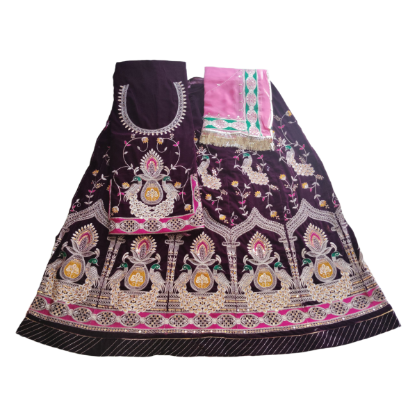 Royal wine colour velvet peacock poshak with Orange Humrahi Odhna in havey Zari Work. - Image 3