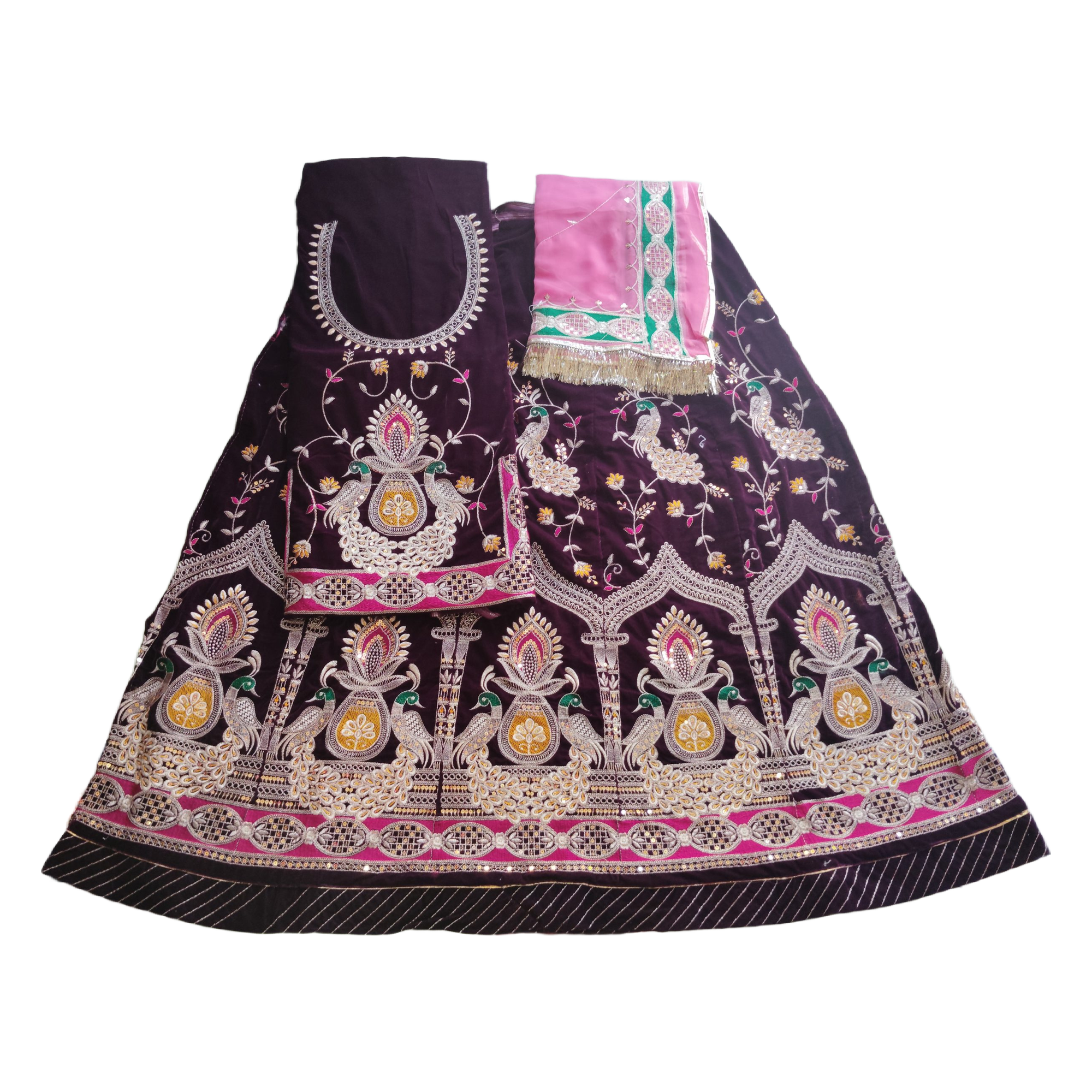 Royal wine colour velvet peacock poshak with Orange Humrahi Odhna in havey Zari Work. - Image 3