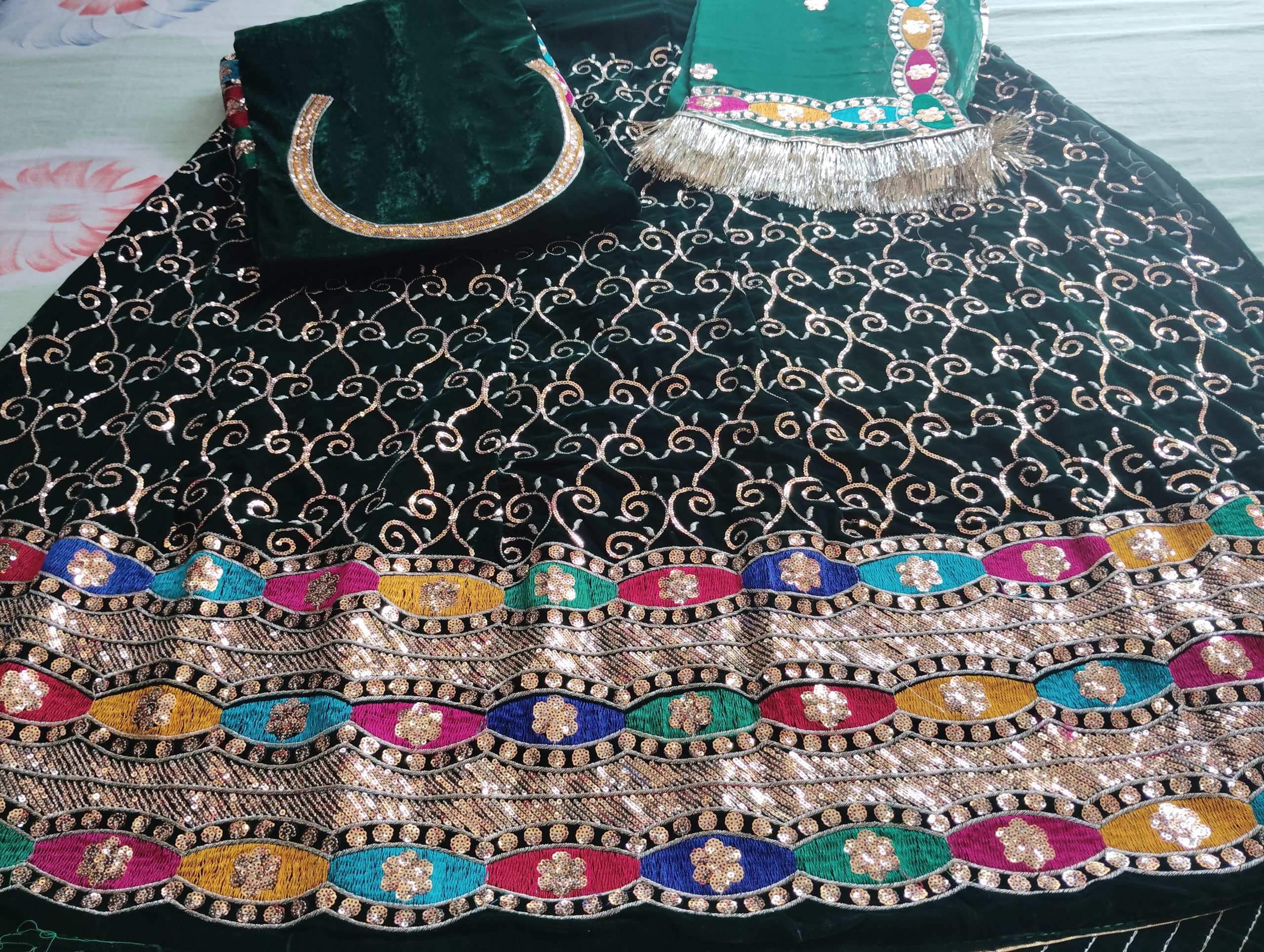 Royal Green velvet poshak with Humrahi Odhna in havey Zari Work. - Image 5