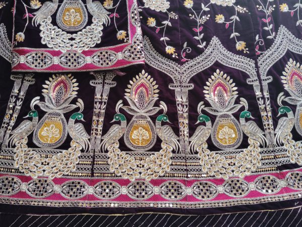 Royal wine colour velvet peacock poshak with Orange Humrahi Odhna in havey Zari Work. - Image 2
