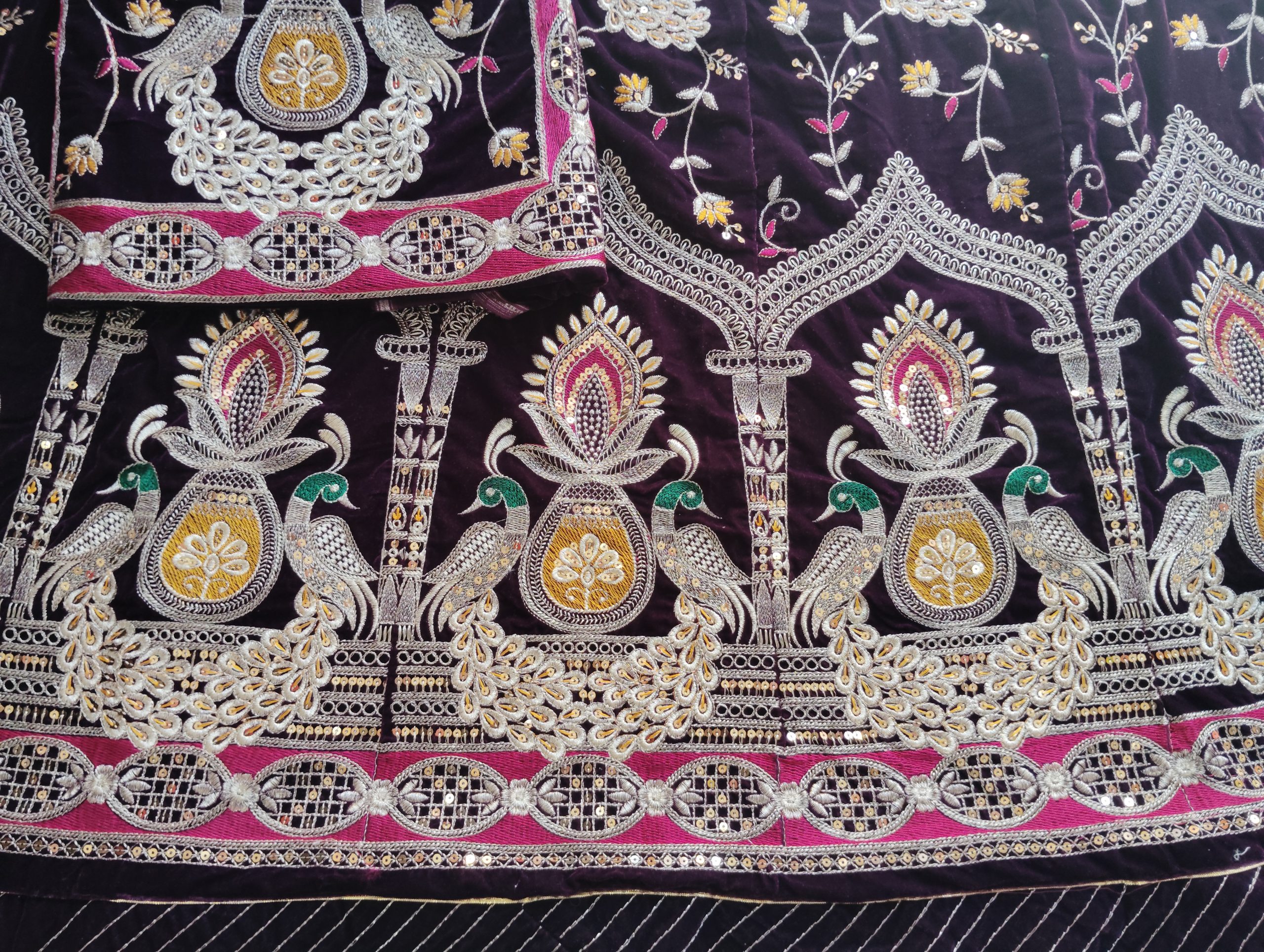 Royal wine colour velvet peacock poshak with Orange Humrahi Odhna in havey Zari Work. - Image 2