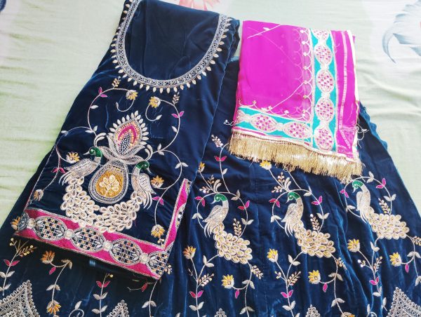 Royal blue velvet peacock poshak with Orange Humrahi Odhna in havey Zari Work. - Image 2