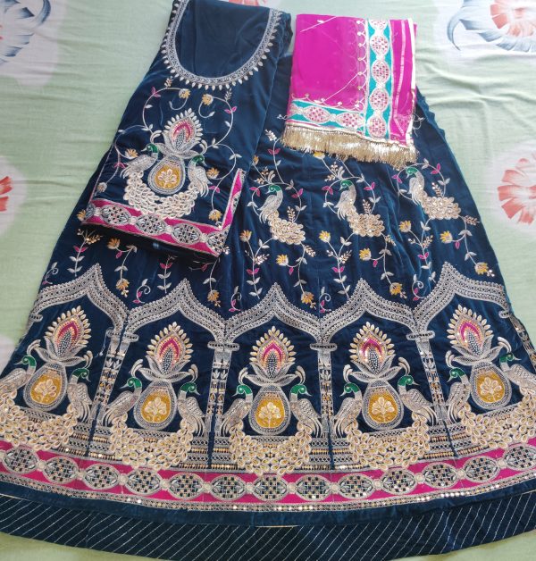 Royal blue velvet peacock poshak with Orange Humrahi Odhna in havey Zari Work. - Image 3