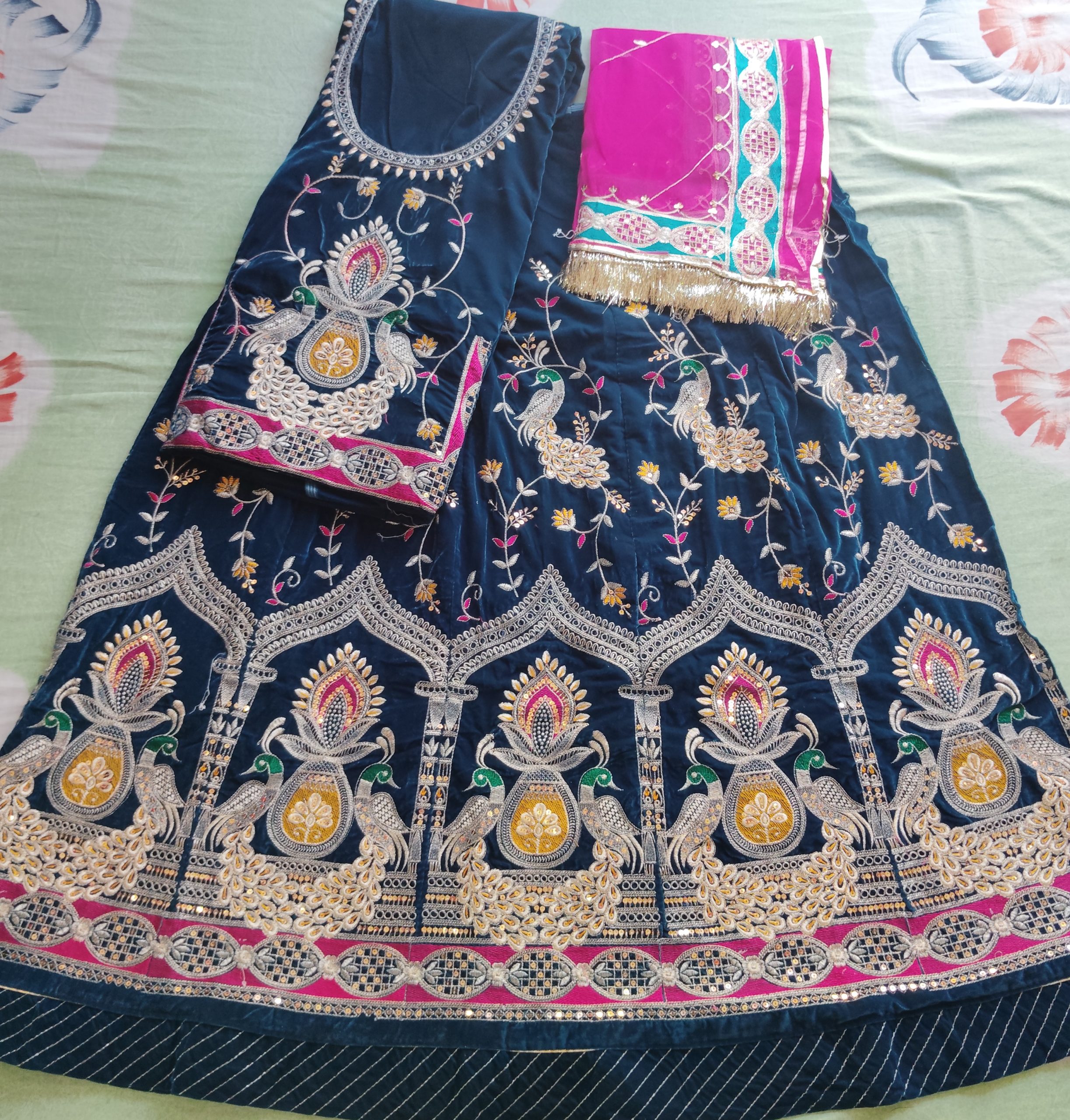 Royal blue velvet peacock poshak with Orange Humrahi Odhna in havey Zari Work. - Image 3