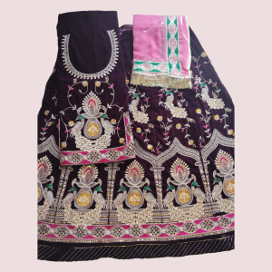 Royal wine colour velvet peacock poshak with Orange Humrahi Odhna in havey Zari Work.