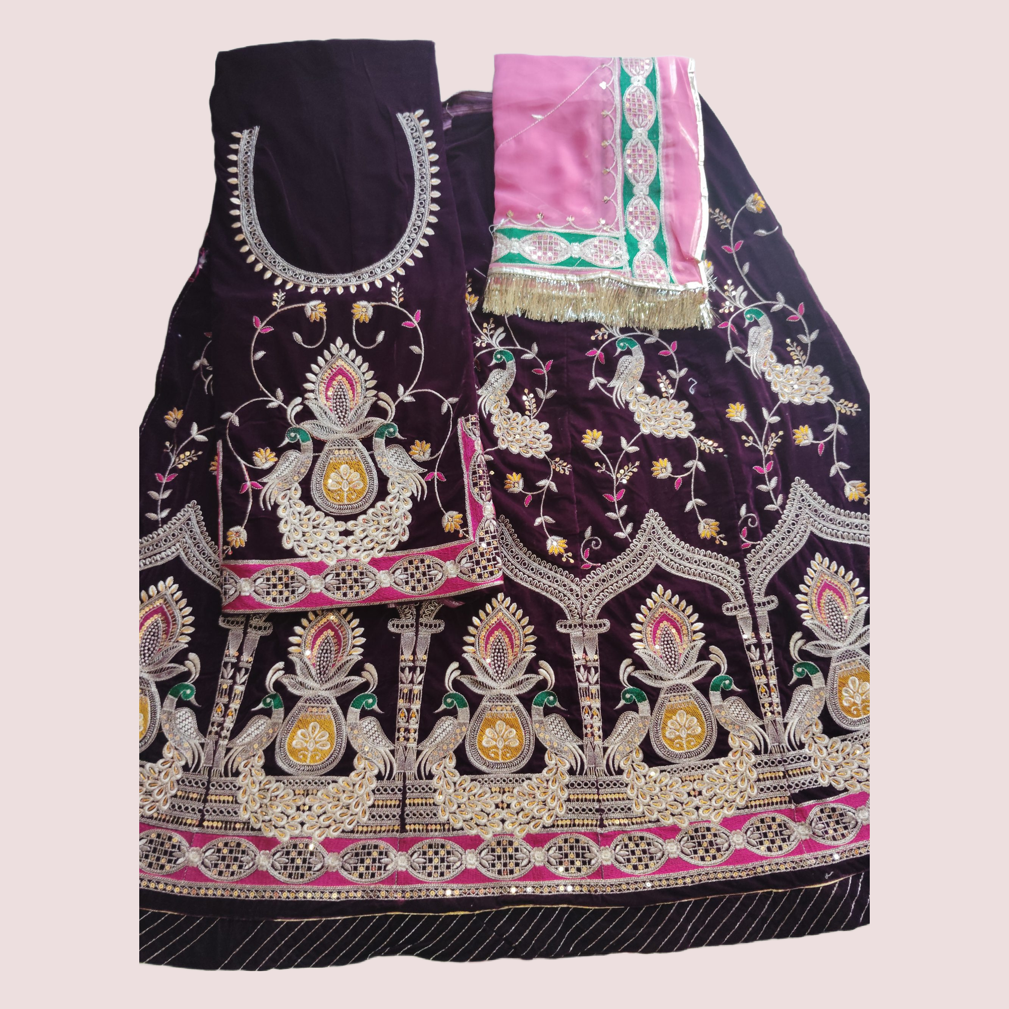 Royal wine colour velvet peacock poshak with Orange Humrahi Odhna in havey Zari Work.